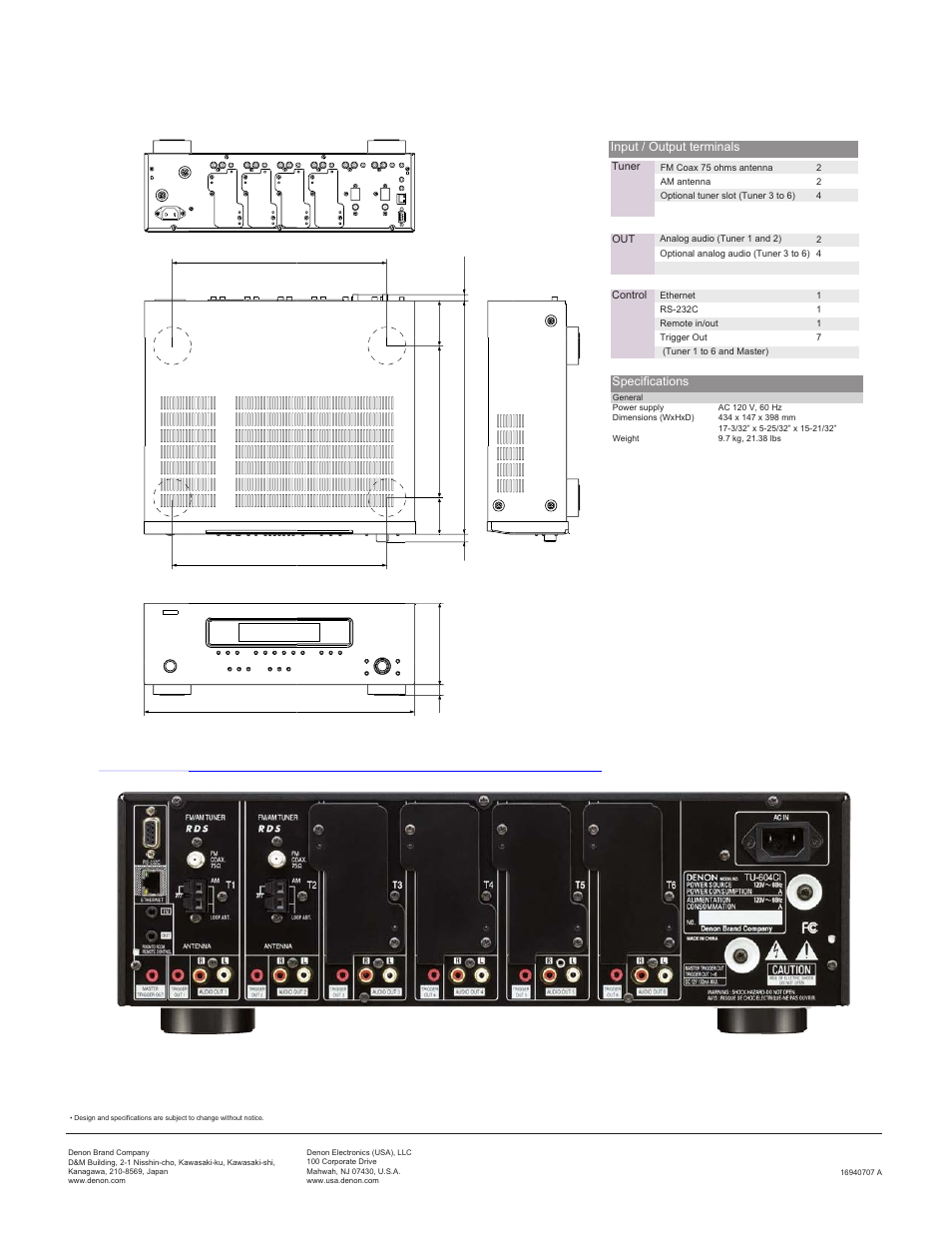 Input / output terminals specifications | Denon TU-604CI User Manual | Page 2 / 2