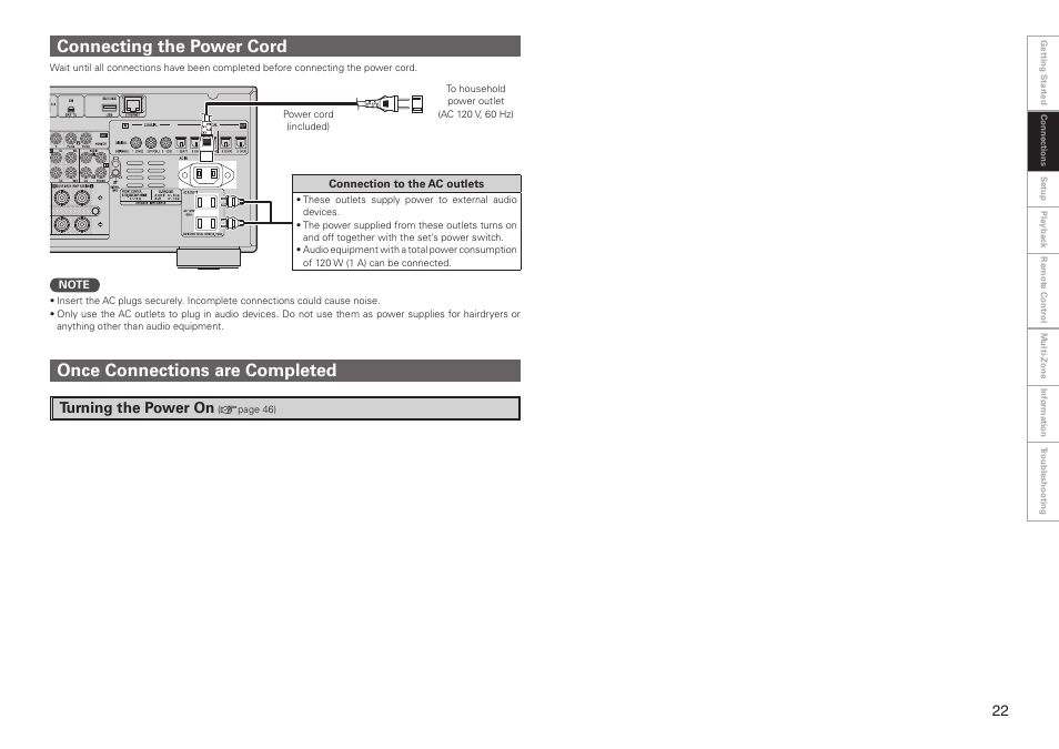 Connecting the power cord, Once connections are completed, Turning the power on | Denon AVR-3808CI User Manual | Page 25 / 108