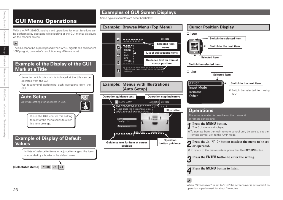 Gui menu operations, Auto setup, Example of the display of the gui mark at a title | Examples of gui screen displays, Operations, Example of display of default values | Denon AVR-3808CI User Manual | Page 26 / 108