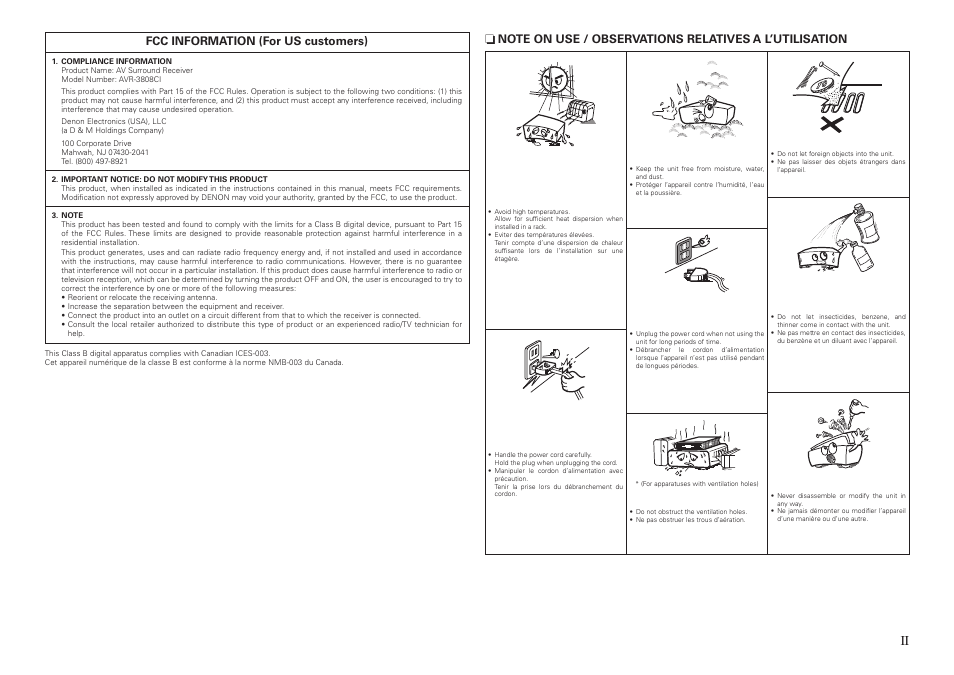Fcc information (for us customers) | Denon AVR-3808CI User Manual | Page 3 / 108