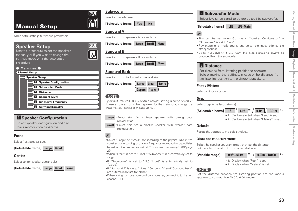 Manual setup, Speaker setup | Denon AVR-3808CI User Manual | Page 31 / 108