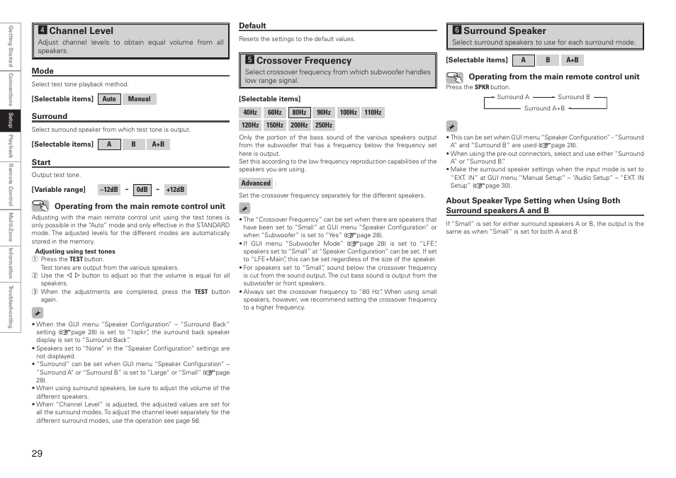 Fchannel level, Gcrossover frequency, Hsurround speaker | Denon AVR-3808CI User Manual | Page 32 / 108