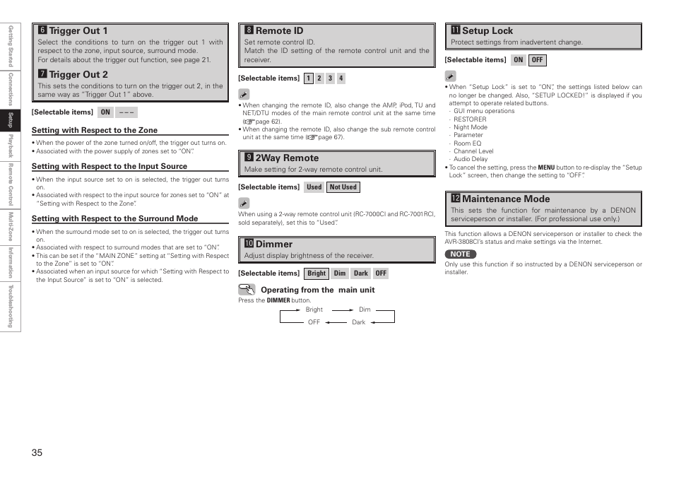 Kremote id, L2way remote, A0 dimmer | A1 setup lock, A2 maintenance mode, Htrigger out 1, Jtrigger out 2 | Denon AVR-3808CI User Manual | Page 38 / 108