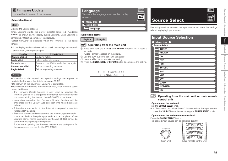 Source select, Language, Input source selection | A3 firmware update | Denon AVR-3808CI User Manual | Page 39 / 108