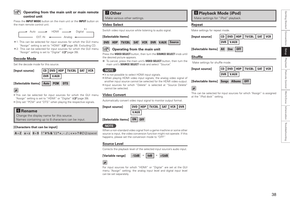 Jother, Kplayback mode (ipod), Hrename | Denon AVR-3808CI User Manual | Page 41 / 108