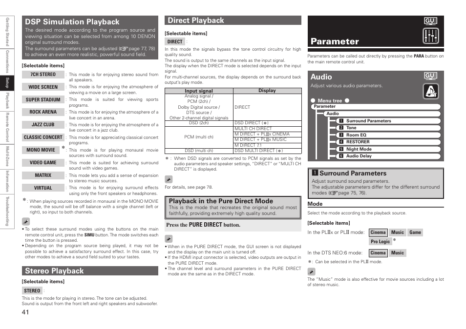 Parameter, Audio, Direct playback | Dsp simulation playback, Stereo playback, Playback in the pure direct mode, Asurround parameters | Denon AVR-3808CI User Manual | Page 44 / 108