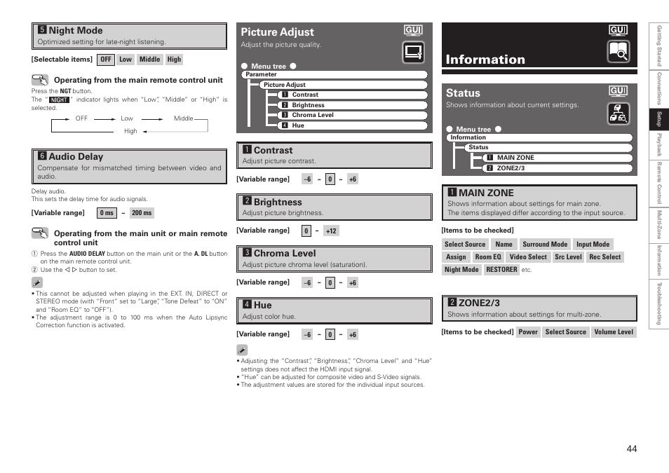 Information, Picture adjust, Status | Denon AVR-3808CI User Manual | Page 47 / 108