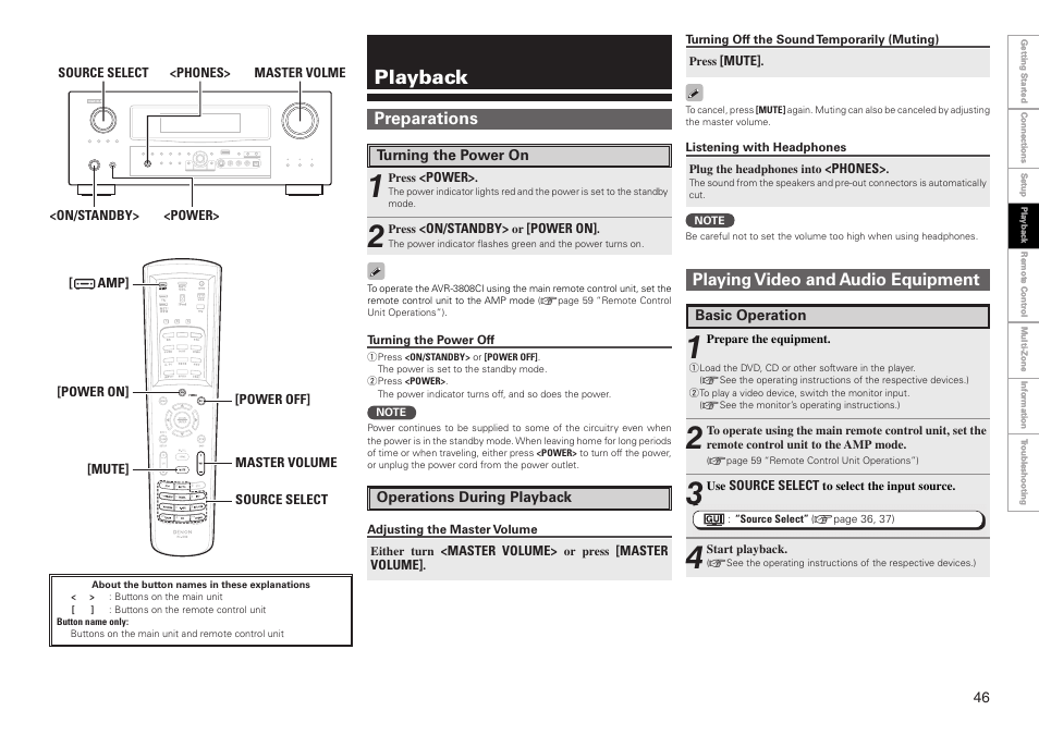 Playback, Playing video and audio equipment, Preparations | Denon AVR-3808CI User Manual | Page 49 / 108