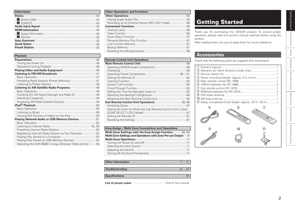 Getting started, Accessories | Denon AVR-3808CI User Manual | Page 5 / 108