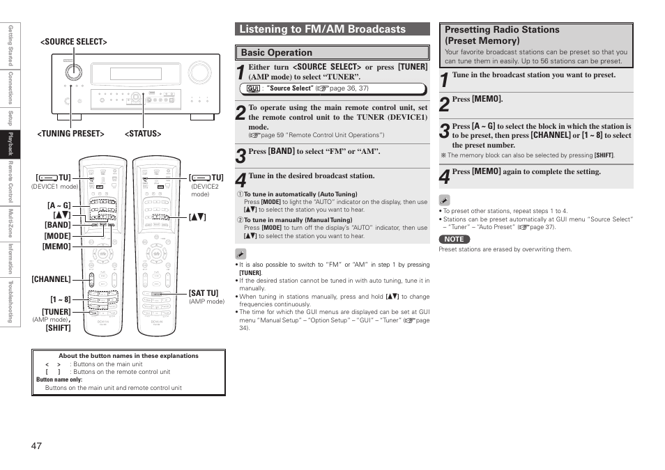 Listening to fm/am broadcasts | Denon AVR-3808CI User Manual | Page 50 / 108