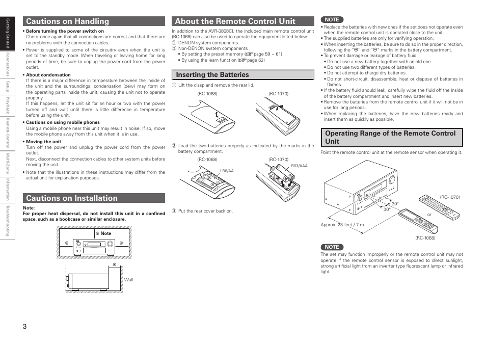 About the remote control unit, Cautions on handling cautions on installation, Inserting the batteries | Operating range of the remote control unit | Denon AVR-3808CI User Manual | Page 6 / 108