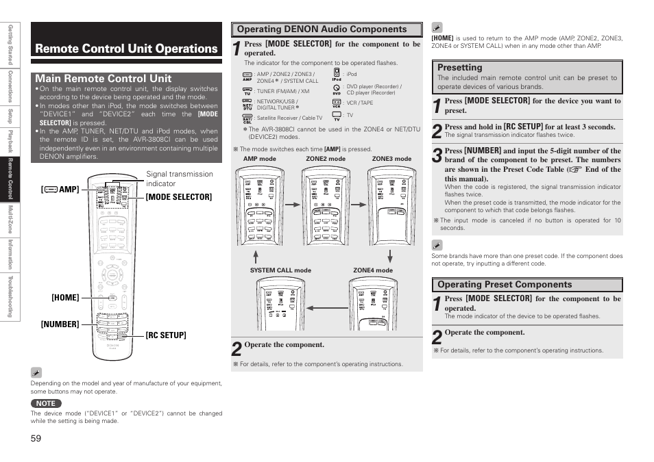 Remote control unit operations, Main remote control unit | Denon AVR-3808CI User Manual | Page 62 / 108