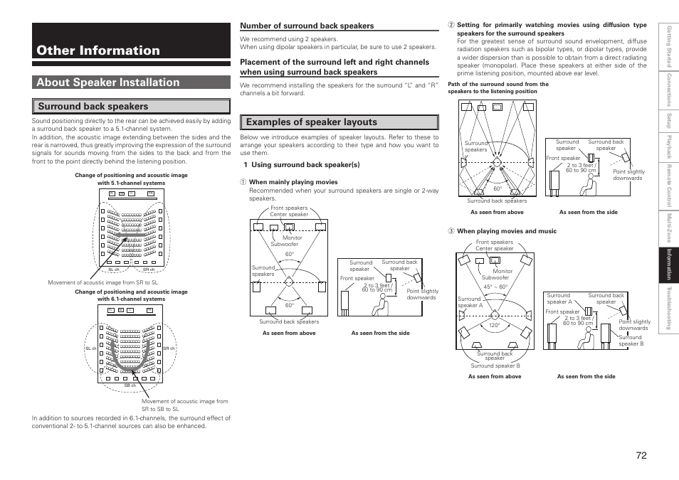 Other information, About speaker installation, Surround back speakers | Examples of speaker layouts, Number of surround back speakers | Denon AVR-3808CI User Manual | Page 75 / 108