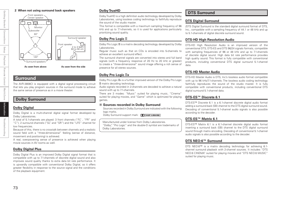 Surround, Dolby surround, Dts surround | Denon AVR-3808CI User Manual | Page 76 / 108