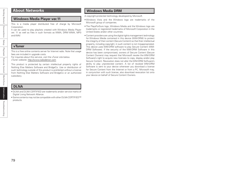 About networks, Windows media player ver.11 vtuner, Windows media drm | Dlna | Denon AVR-3808CI User Manual | Page 82 / 108