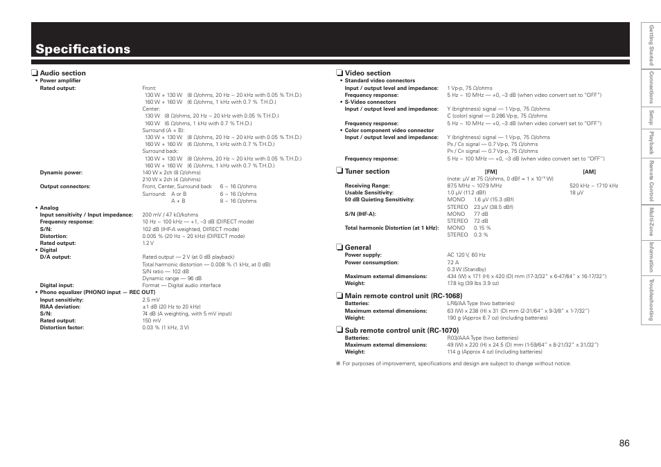 Specifications | Denon AVR-3808CI User Manual | Page 89 / 108