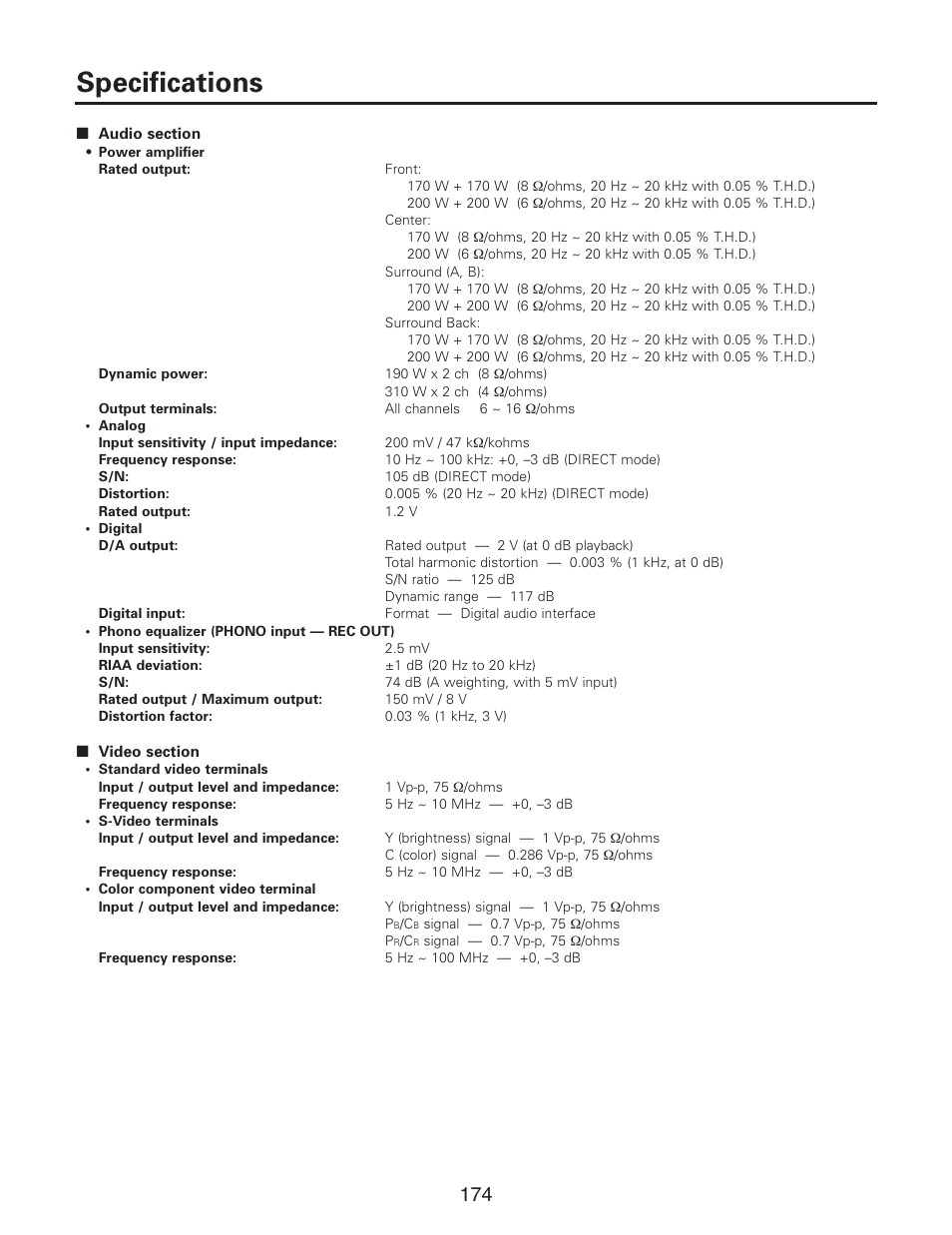 Specifications | Denon AVR-5805CI User Manual | Page 174 / 214