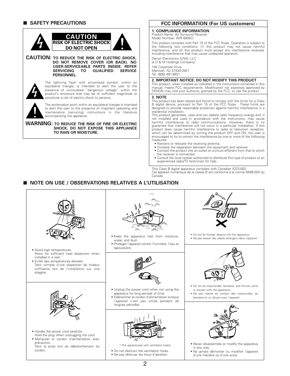 Caution, Warning, Safety precautions | Fcc information (for us customers) | Denon AVR-5805CI User Manual | Page 2 / 214