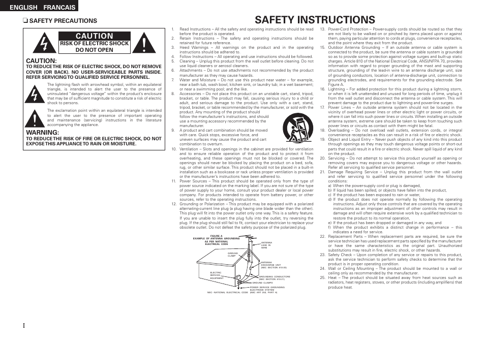 Safety instructions, Caution, Warning | English francais, Safety precautions | Denon AVR-2308CI User Manual | Page 2 / 78