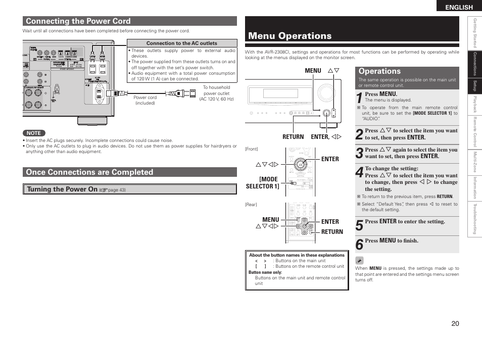 Menu operations, Connecting the power cord, Once connections are completed | Operations | Denon AVR-2308CI User Manual | Page 23 / 78