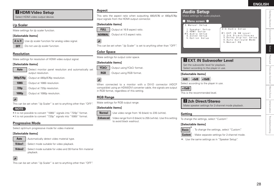 Audio setup, Shdmi video setup, S2ch direct/stereo | Aext. in subwoofer level | Denon AVR-2308CI User Manual | Page 31 / 78