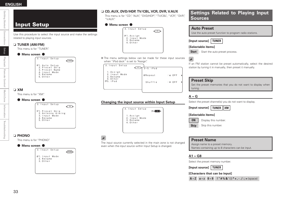 Input setup, Settings related to playing input sources, Auto preset | Preset skip, Preset name | Denon AVR-2308CI User Manual | Page 36 / 78