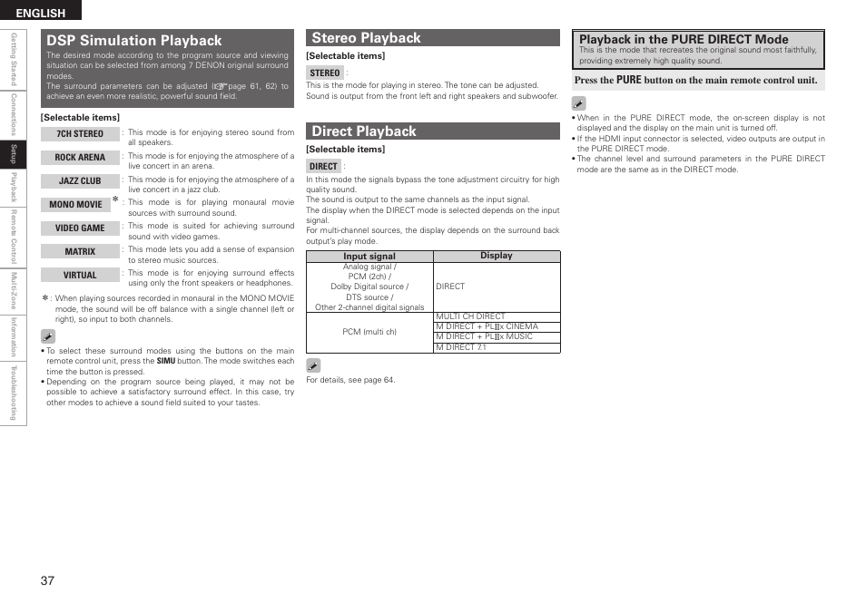 Dsp simulation playback, Direct playback, Stereo playback | Playback in the pure direct mode | Denon AVR-2308CI User Manual | Page 40 / 78