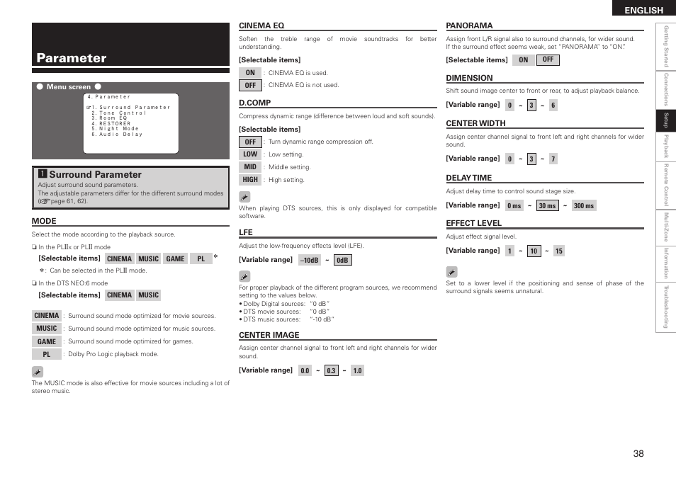 Parameter, Asurround parameter | Denon AVR-2308CI User Manual | Page 41 / 78