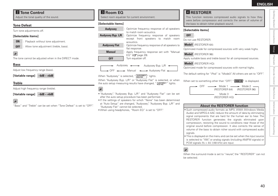 Stone control, Droom eq, Frestorer | Denon AVR-2308CI User Manual | Page 43 / 78