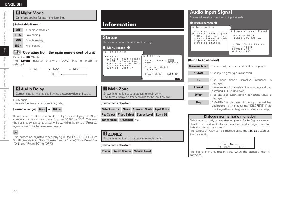 Information, Status, Audio input signal | Gnight mode, Haudio delay, Amain zone, Szone2 | Denon AVR-2308CI User Manual | Page 44 / 78