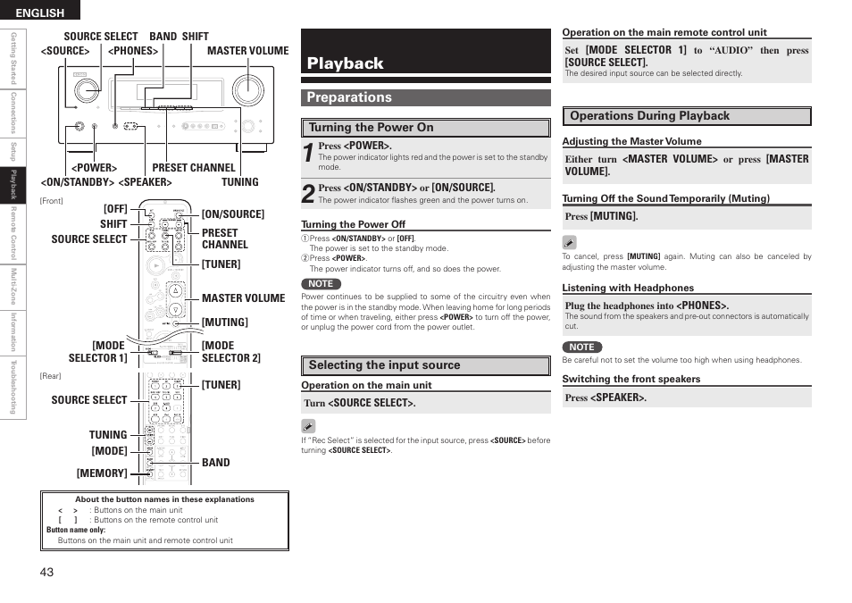 Playback, Preparations | Denon AVR-2308CI User Manual | Page 46 / 78