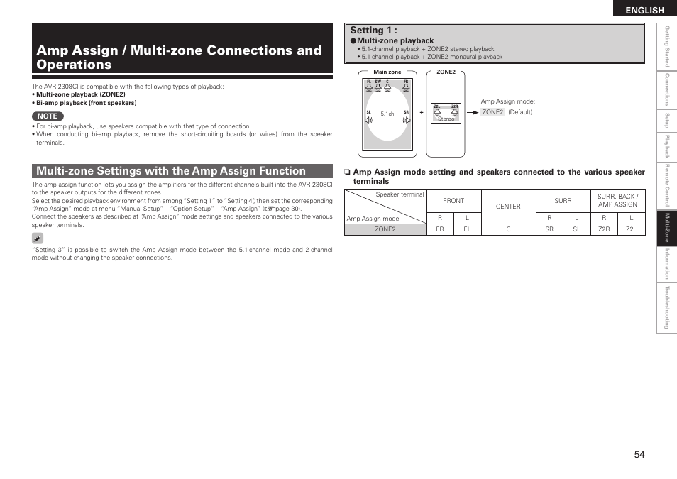 Amp assign / multi-zone connections and operations, Multi-zone settings with the amp assign function, Setting 1 | Denon AVR-2308CI User Manual | Page 57 / 78