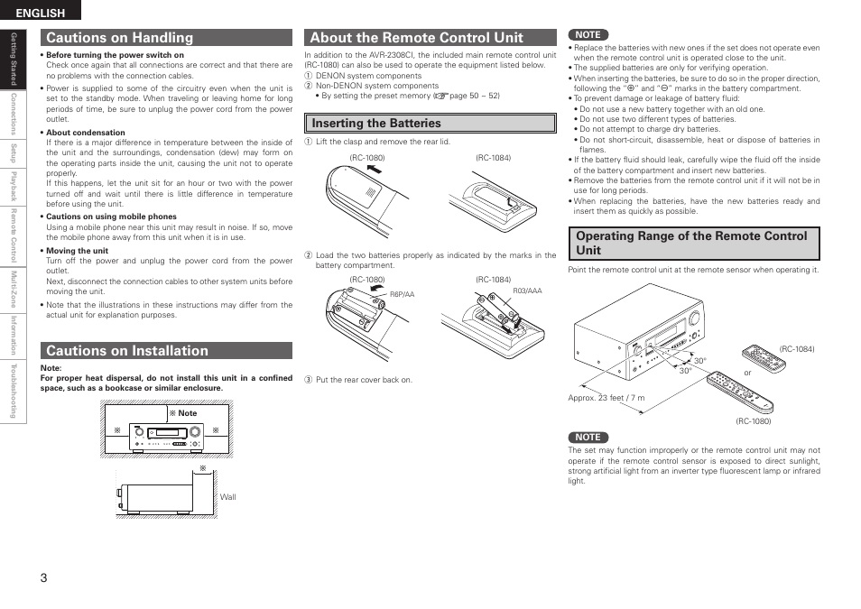 About the remote control unit, Cautions on handling cautions on installation, Inserting the batteries | Operating range of the remote control unit | Denon AVR-2308CI User Manual | Page 6 / 78