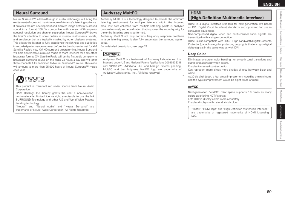 Neural surround, Audyssey multeq, Hdmi (high-definition multimedia interface) | Denon AVR-2308CI User Manual | Page 63 / 78