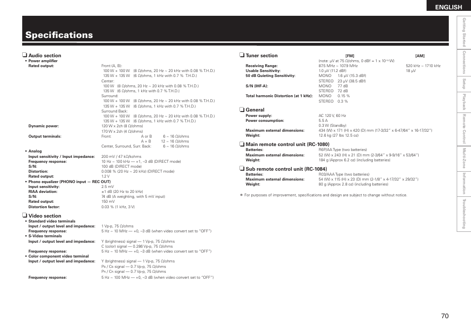 Specifications, English | Denon AVR-2308CI User Manual | Page 73 / 78