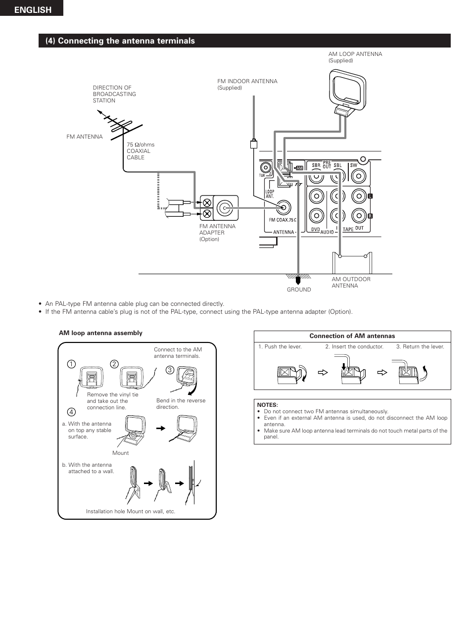 English, 4) connecting the antenna terminals | Denon DHT-M330DV User Manual | Page 12 / 60