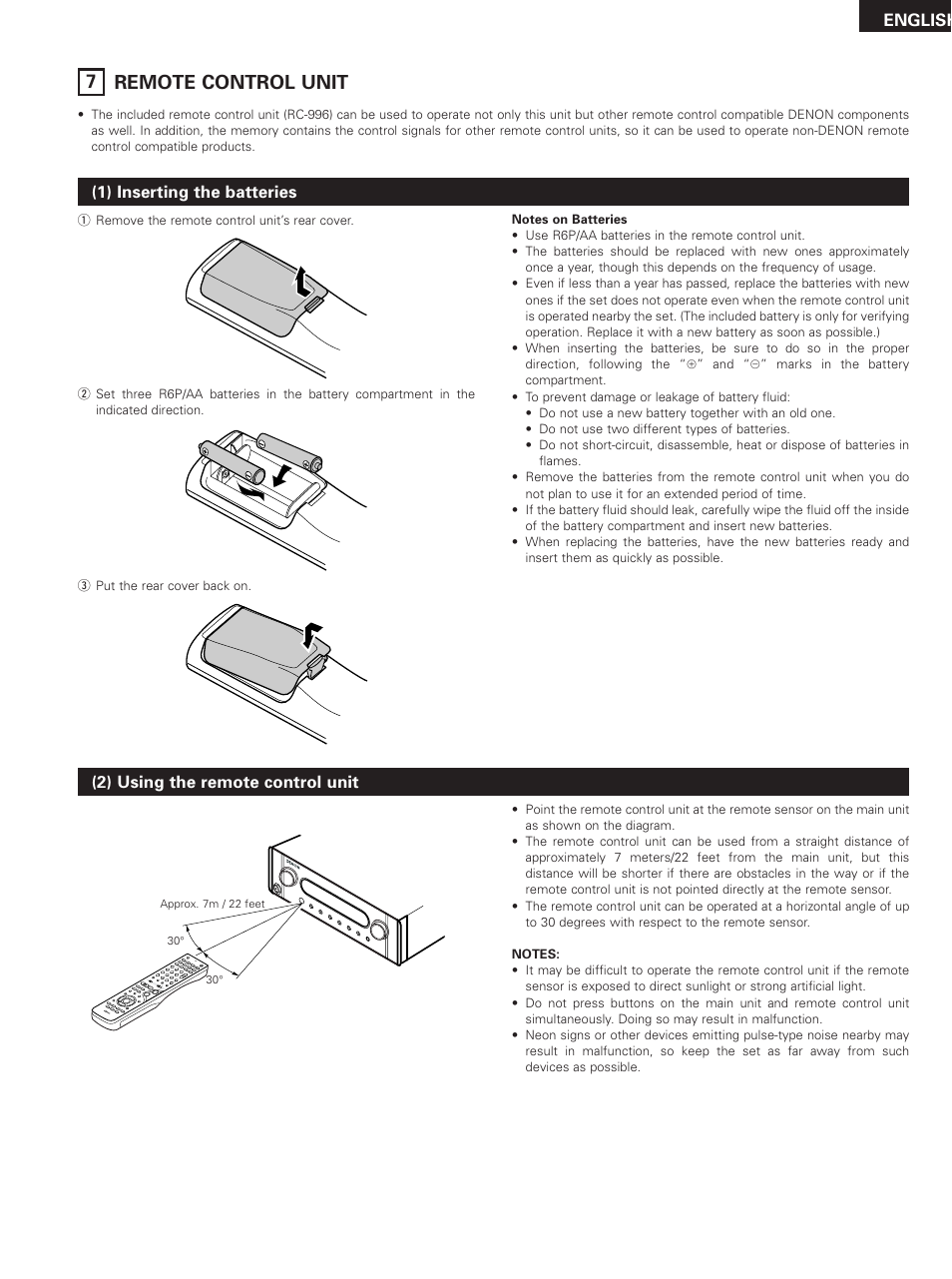 Remote control unit, 7 remote control unit, English | Denon DHT-M330DV User Manual | Page 19 / 60
