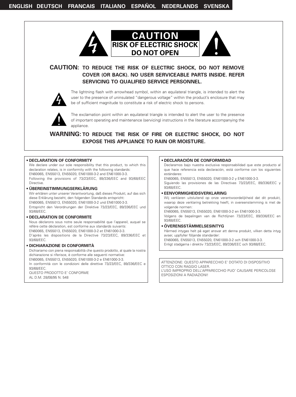 Caution, Risk of electric shock do not open, Warning | Denon DHT-M330DV User Manual | Page 2 / 60