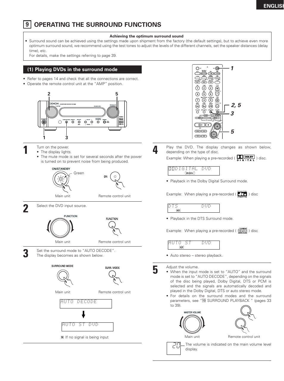 Operating the surround functions, 9 operating the surround functions | Denon DHT-M330DV User Manual | Page 29 / 60