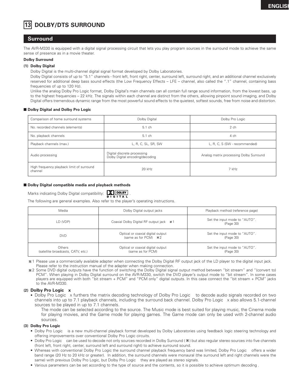 Dolby/dts surround, Surround, English | Denon DHT-M330DV User Manual | Page 49 / 60