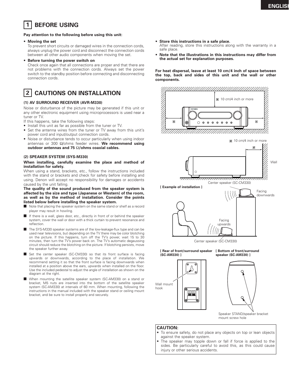 Before using, Cautions on installation, 12 before using cautions on installation | English | Denon DHT-M330DV User Manual | Page 5 / 60