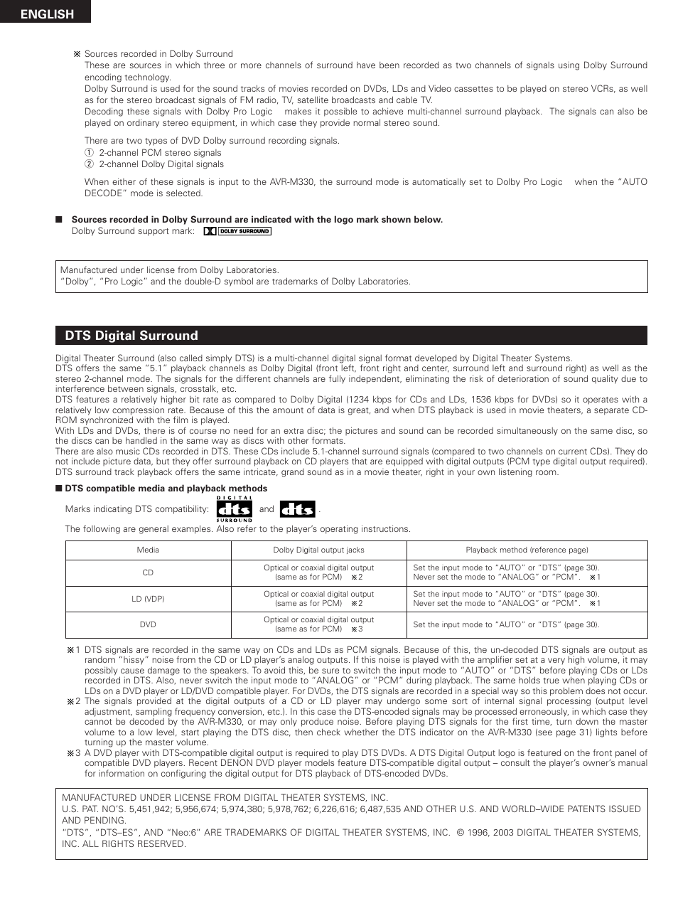 Dts digital surround, English | Denon DHT-M330DV User Manual | Page 50 / 60