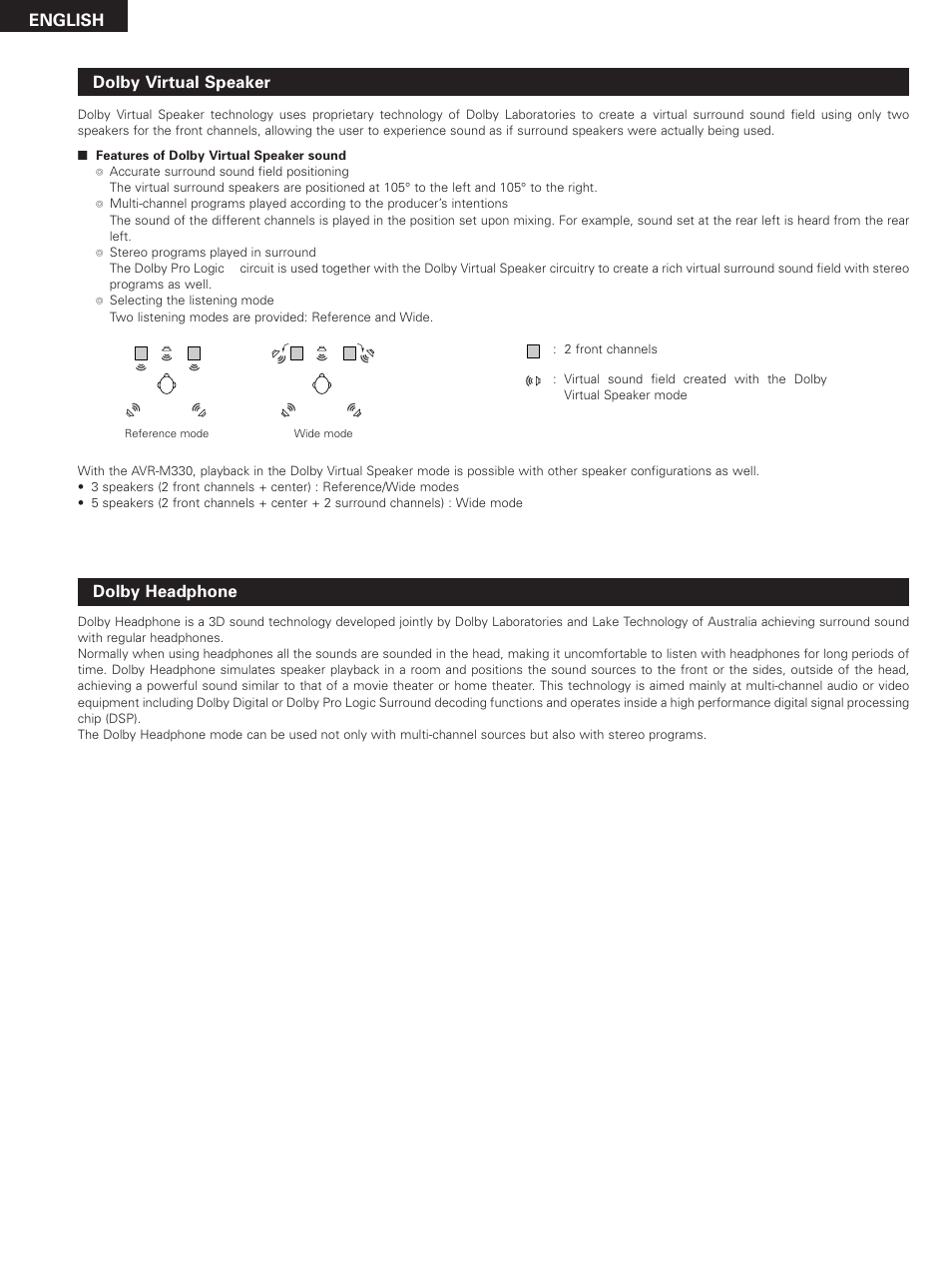 English, Dolby virtual speaker, Dolby headphone | Denon DHT-M330DV User Manual | Page 52 / 60