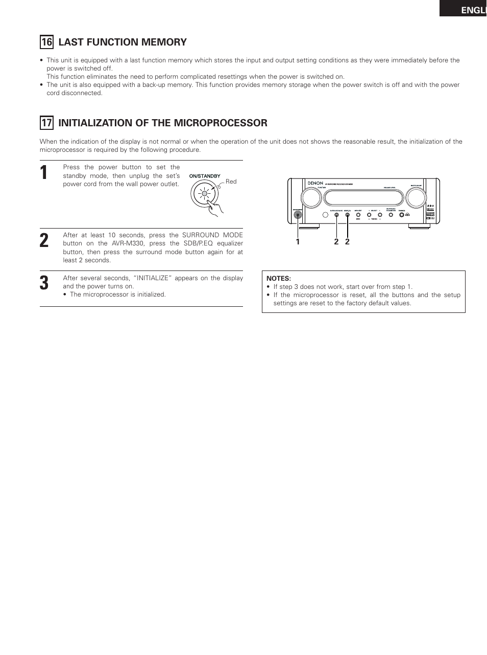 Last function memory, Initialization of the microprocessor | Denon DHT-M330DV User Manual | Page 55 / 60