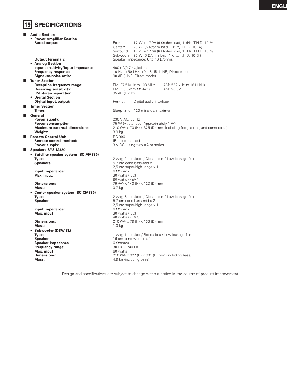 Specifications, Engli | Denon DHT-M330DV User Manual | Page 57 / 60