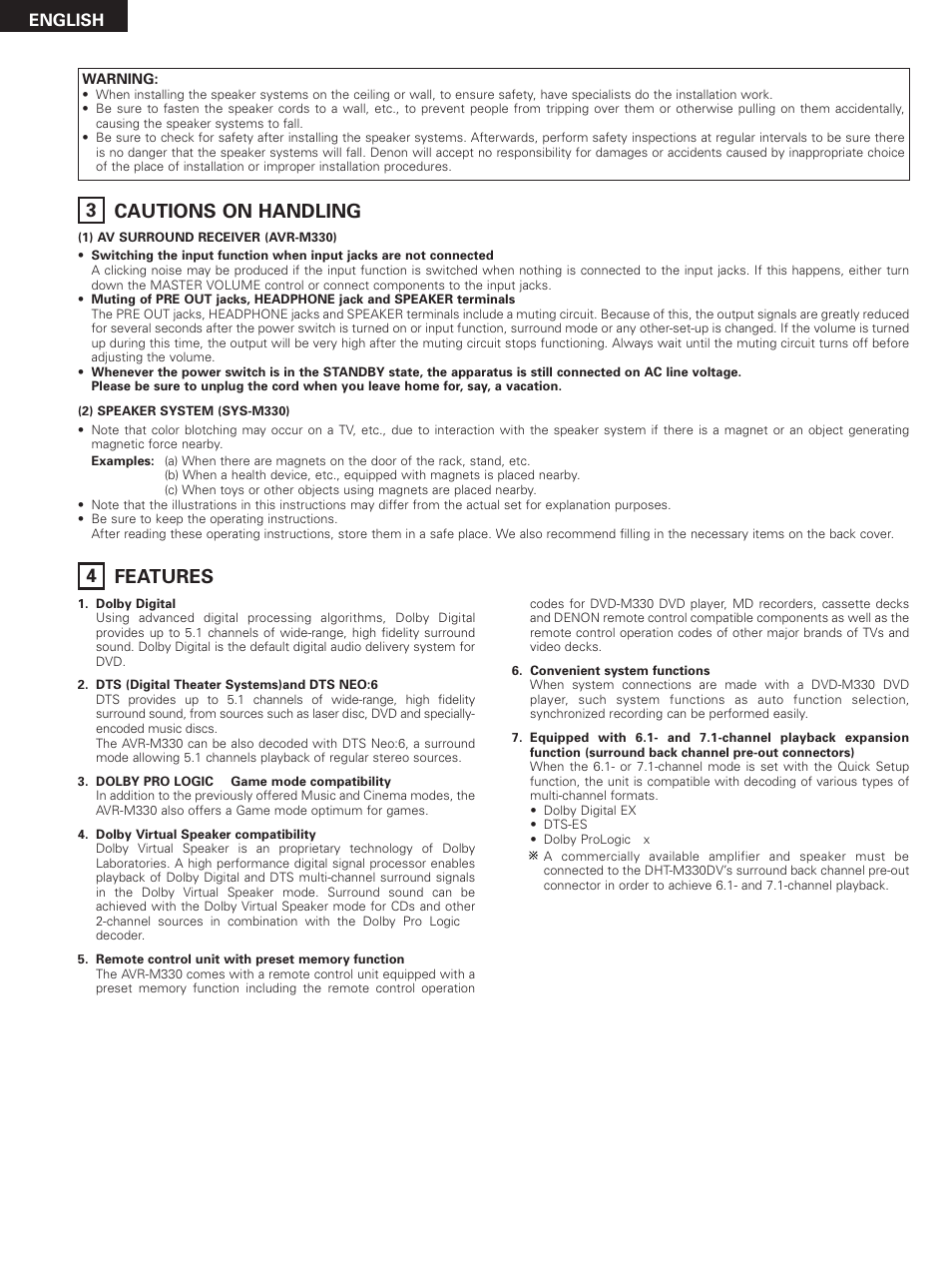 Cautions on handling, Features, 4 features | 3 cautions on handling, English | Denon DHT-M330DV User Manual | Page 6 / 60