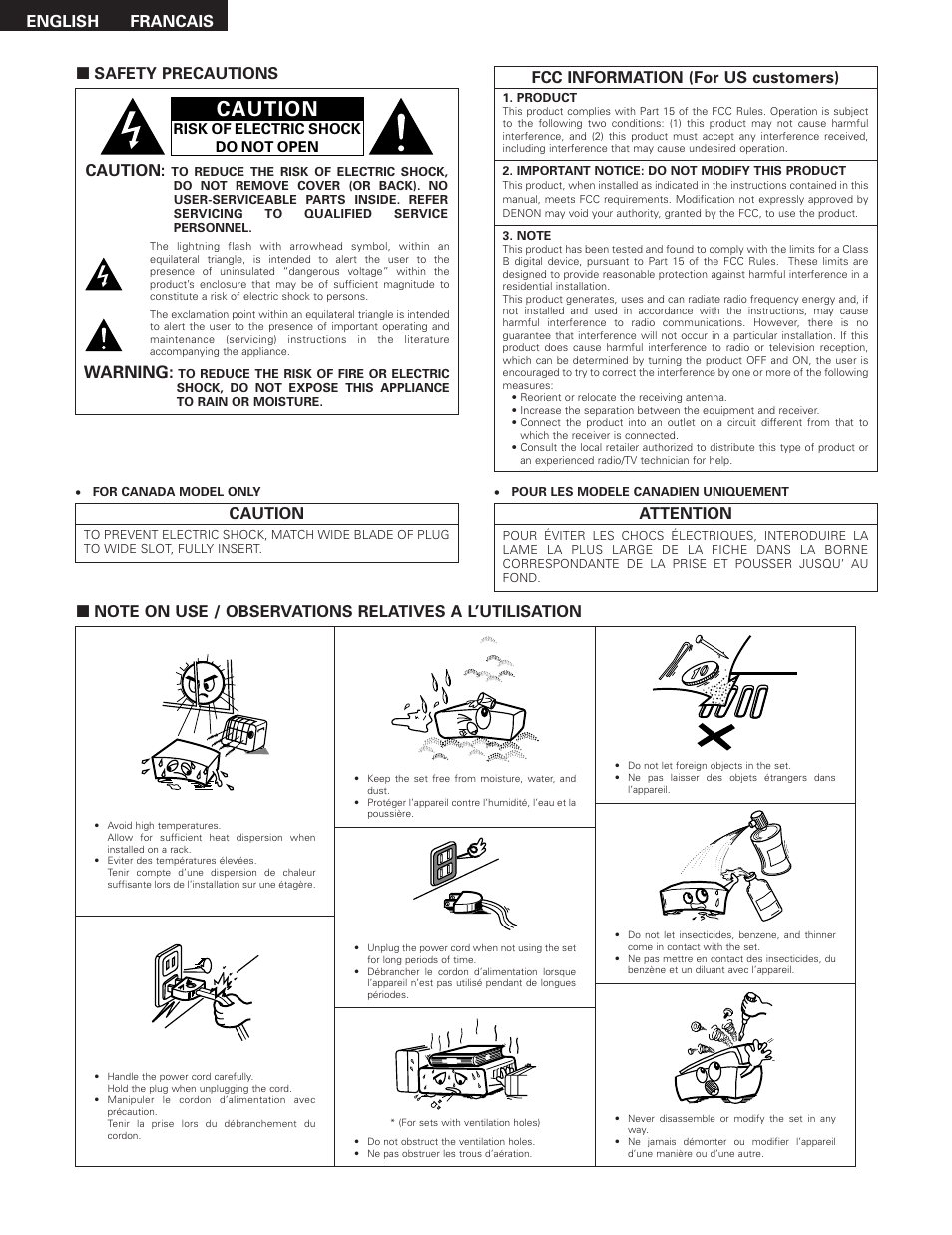 Caution, Warning, English | Safety precautions, Attention, Francais, Fcc information (for us customers) | Denon AVR-685 User Manual | Page 2 / 75