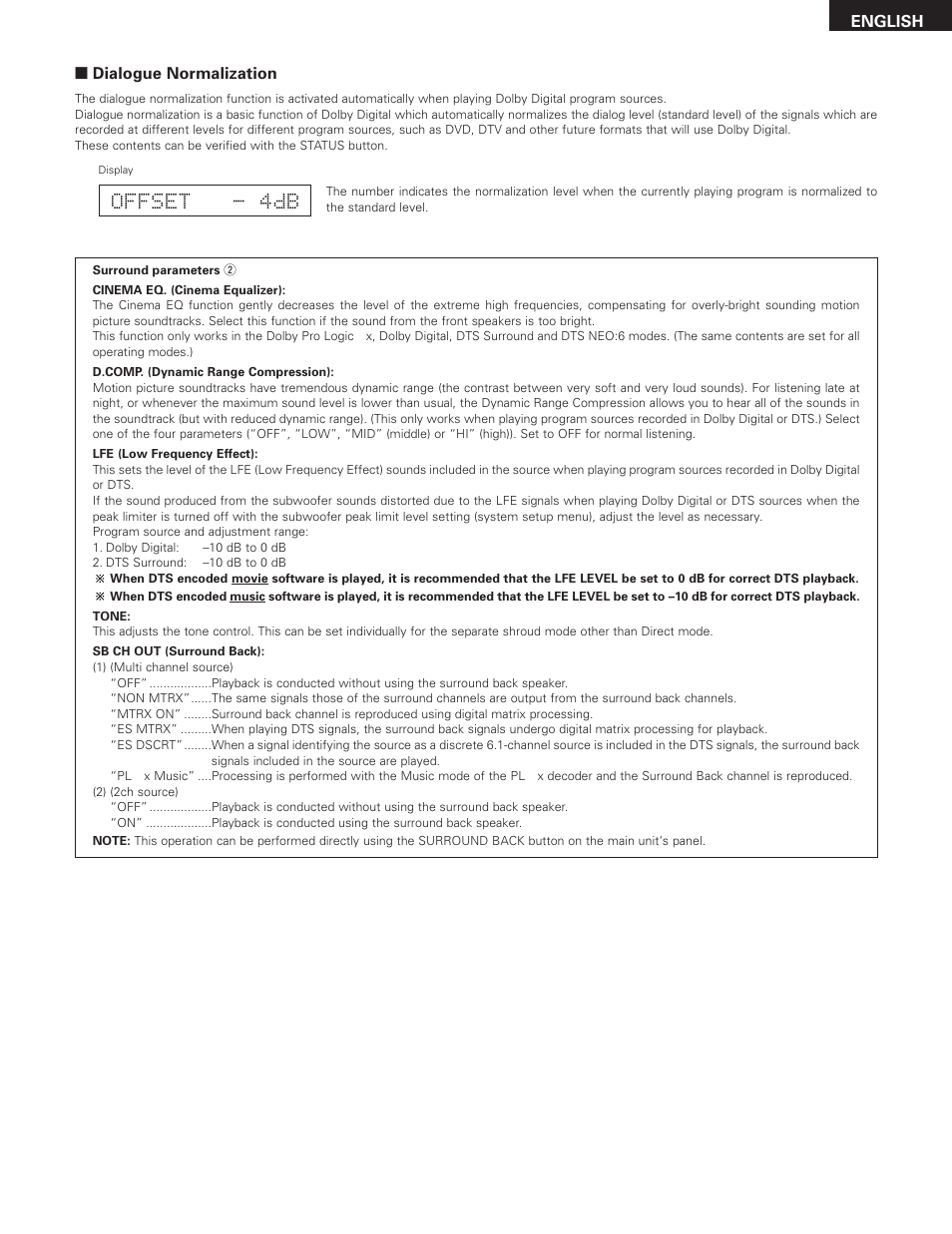 Offset - 4db | Denon AVR-685 User Manual | Page 47 / 75
