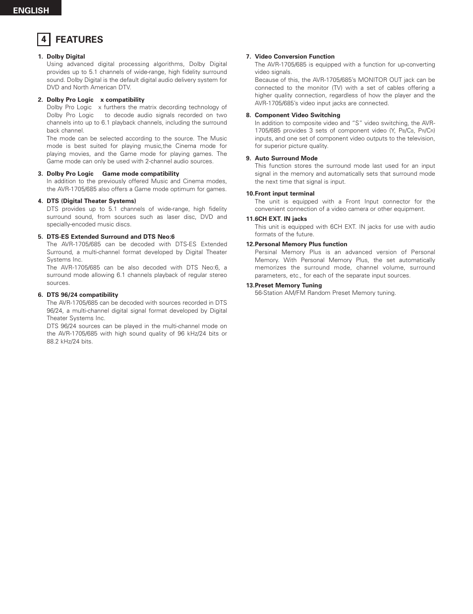 4features, English | Denon AVR-685 User Manual | Page 6 / 75