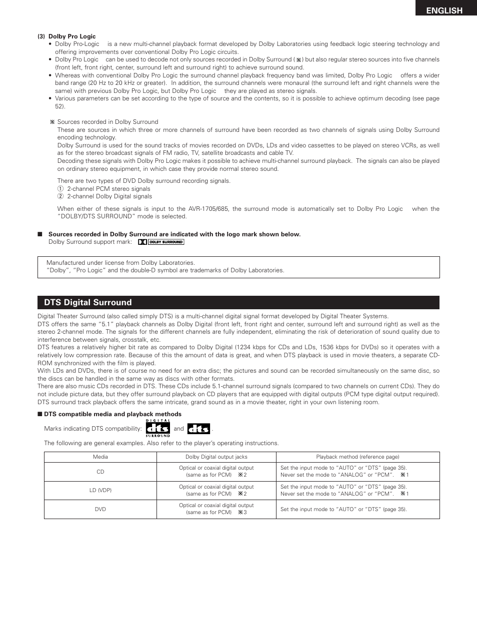 Dts digital surround, English | Denon AVR-685 User Manual | Page 61 / 75